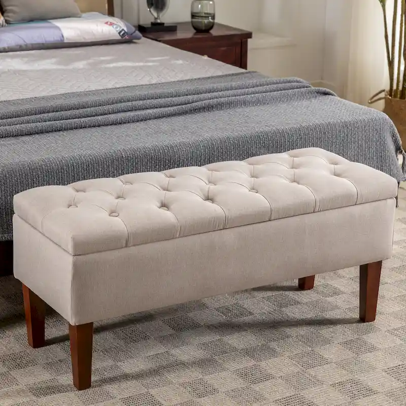 Fabric Storage Ottoman Bench with Rubberwood Legs – 40.9x19.3x15.35 in, 265 lbs Capacity