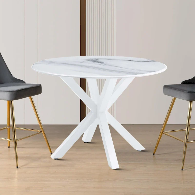 Round Dining Table, White/Black/Marble, Seats 2–4, MDF Top & Metal Legs