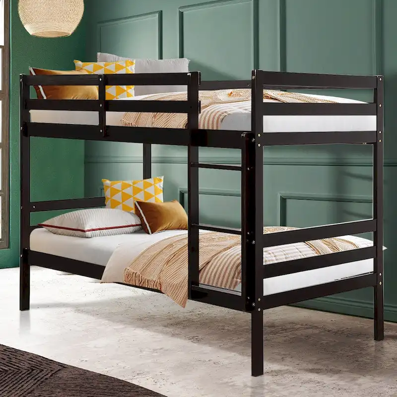 Twin Over Twin Bunk Bed, White/Coffee/Grey, Pine Wood, Sleeps 2