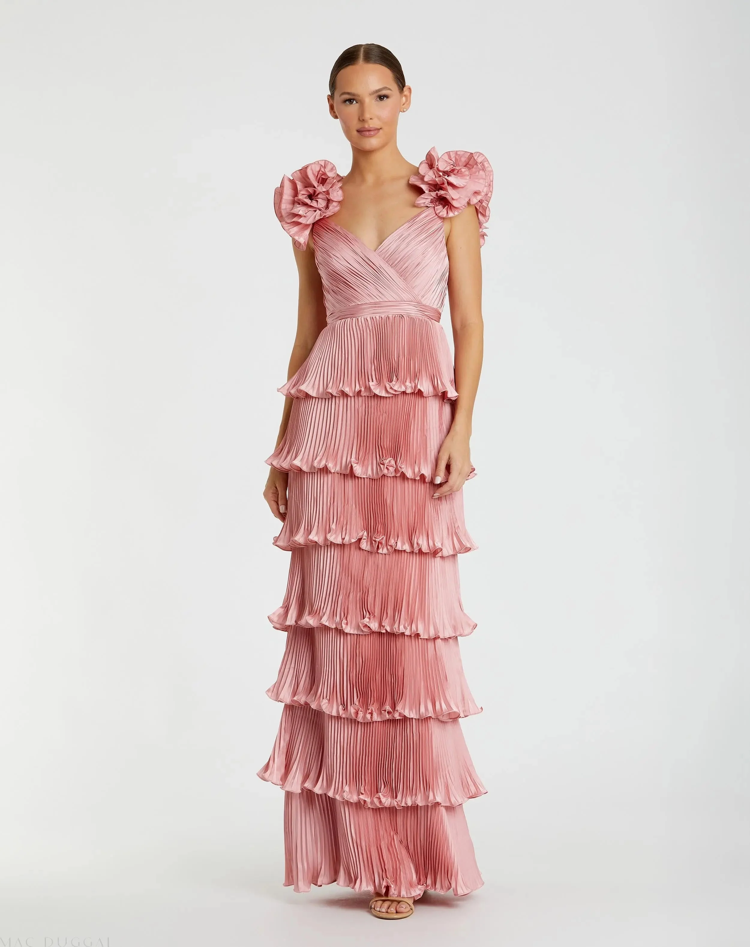 Pink Pleated Charmeuse Tiered Gown With Ruffle Straps