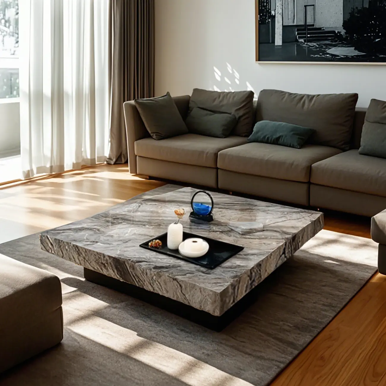 Modern Grey Square Coffee Table with Stainless Steel Base