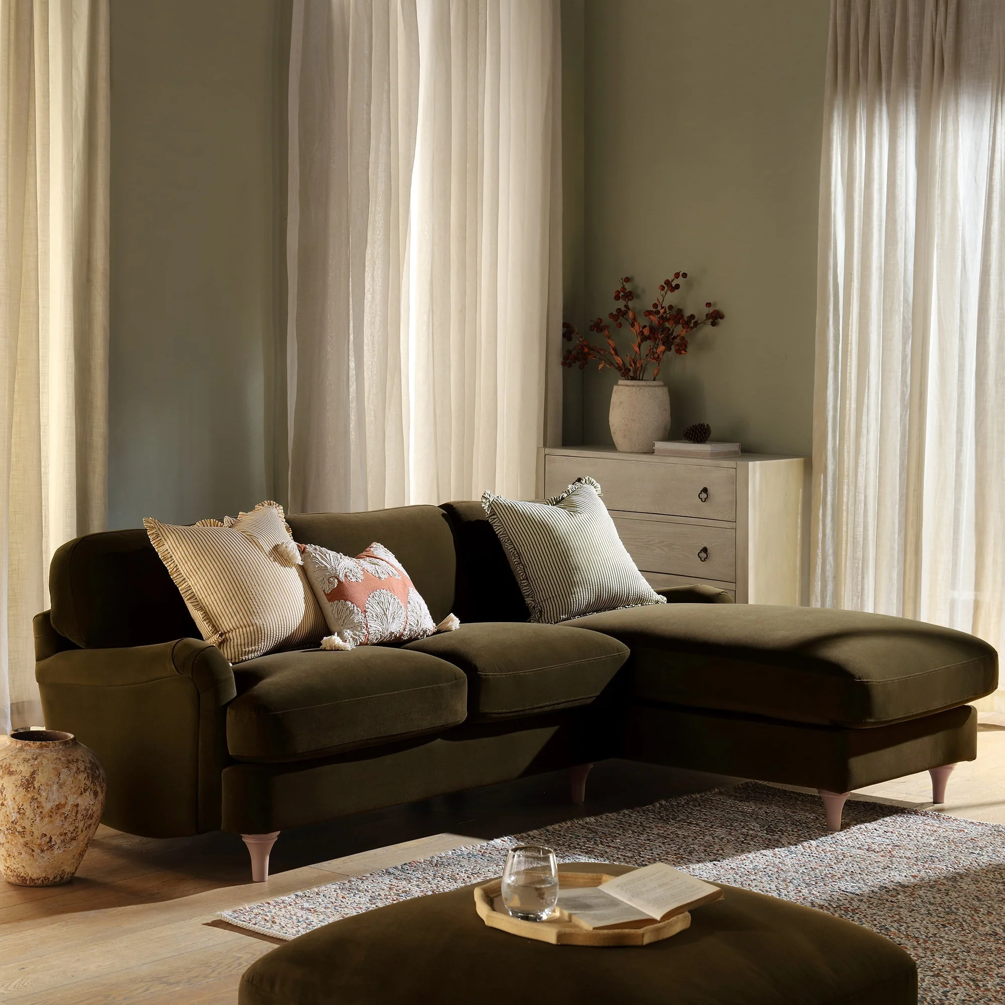 Seaweed Velvet Sofa, Grande Chaise Sofa Right Hand Facing