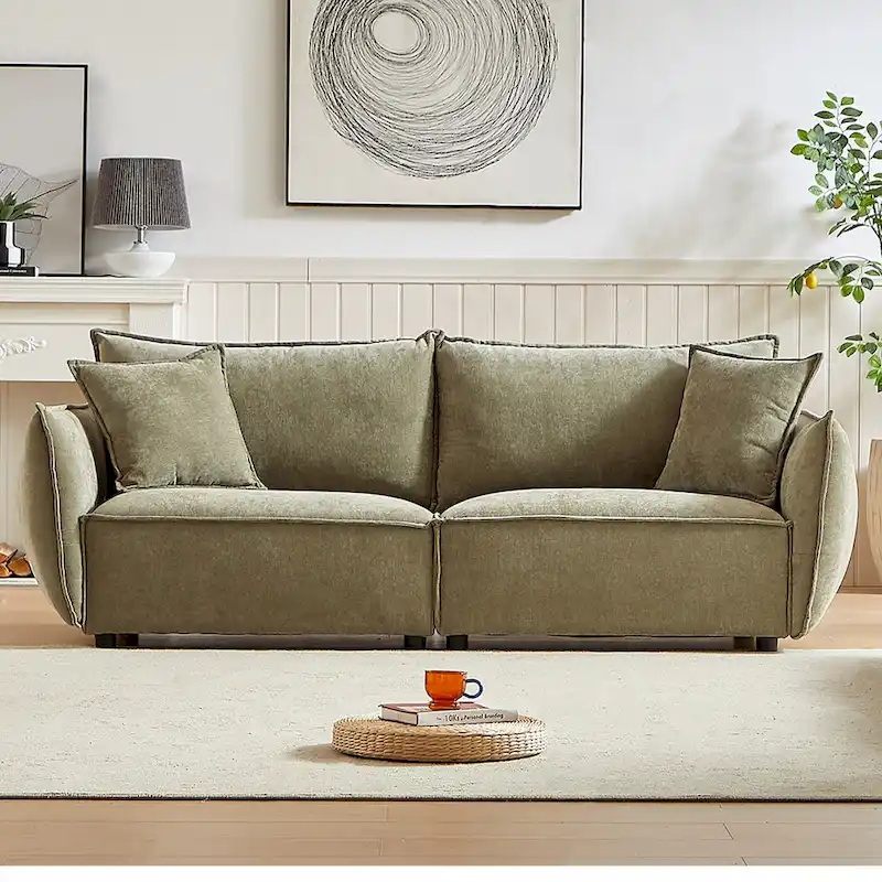 Light Green 88 Chenille 3-Seater Sofa with 2 Extra Pillows and Thickly Padded Seat