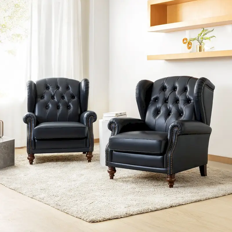 Brown Genuine Leather Wingback Armchair with Nailhead Trim, Set of 2, 1-Person