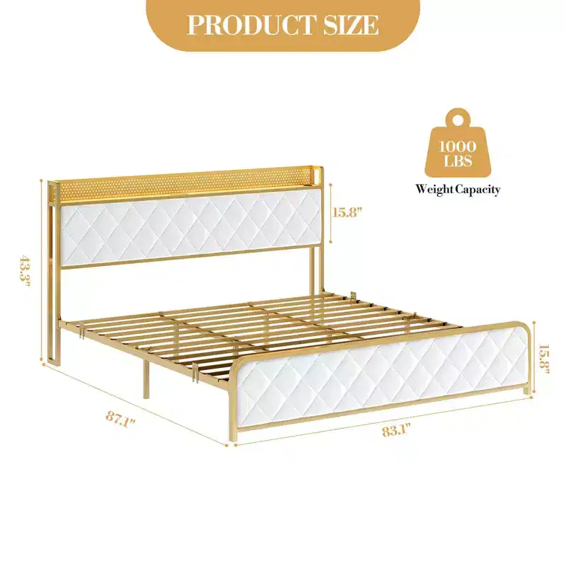King Size Bed Frame , Upholstered Headboard and Footboard,Metal Slat Support, Easy to Assemble Noise Free,Beige