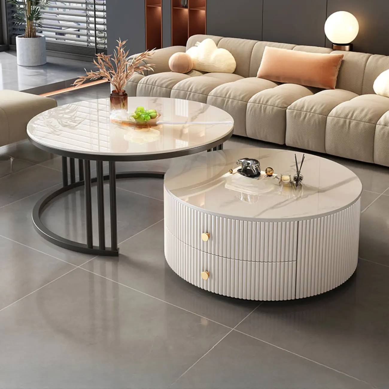 Modern White Round Nesting Coffee Table Set with Steel Base