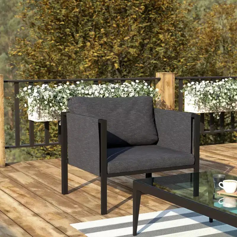 Flash Furniture Lea Indoor/Outdoor Patio Chair with Cushions - Modern Steel Framed Chair with Storage Pockets