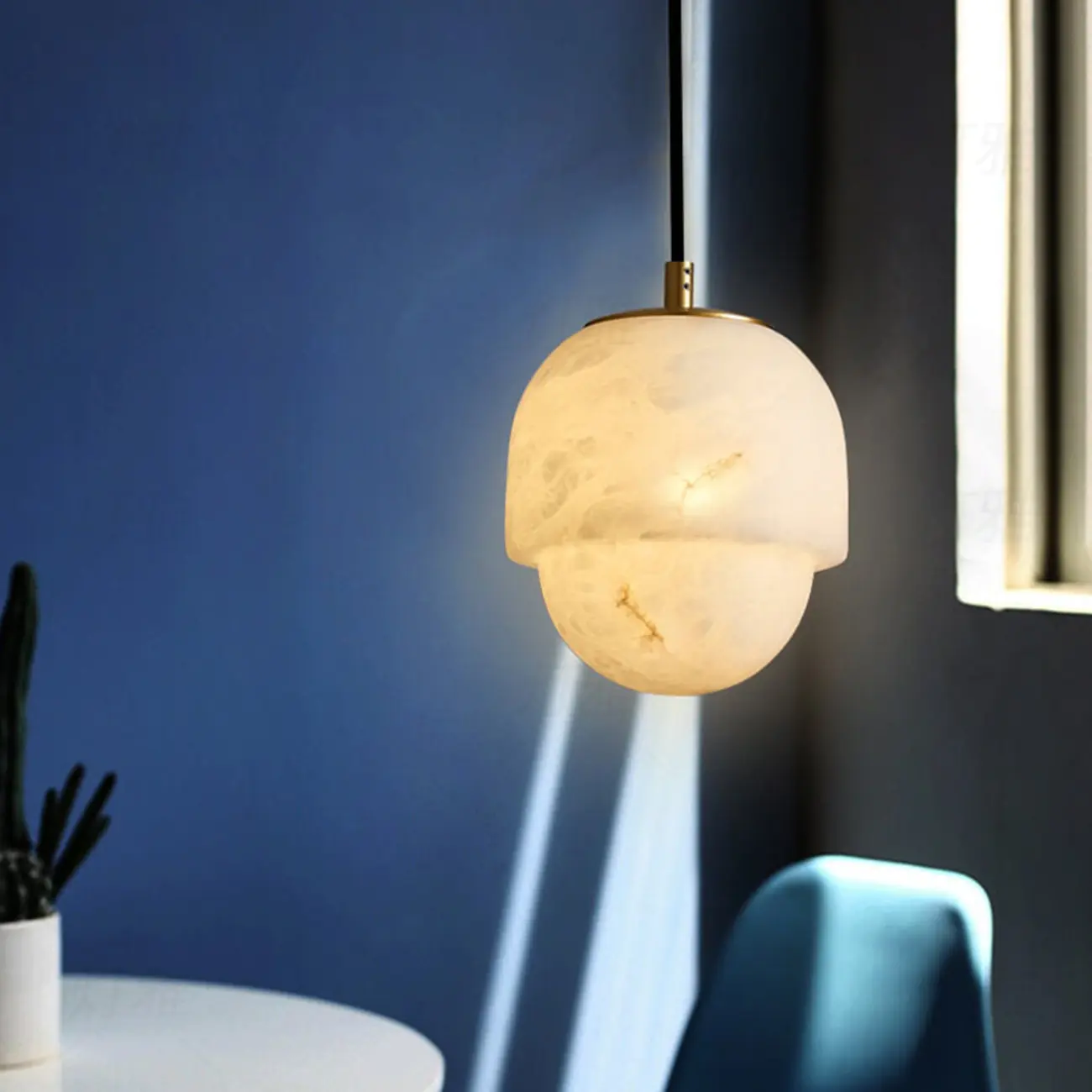 1-Light White Stone Geometric Hanging Pendant Light