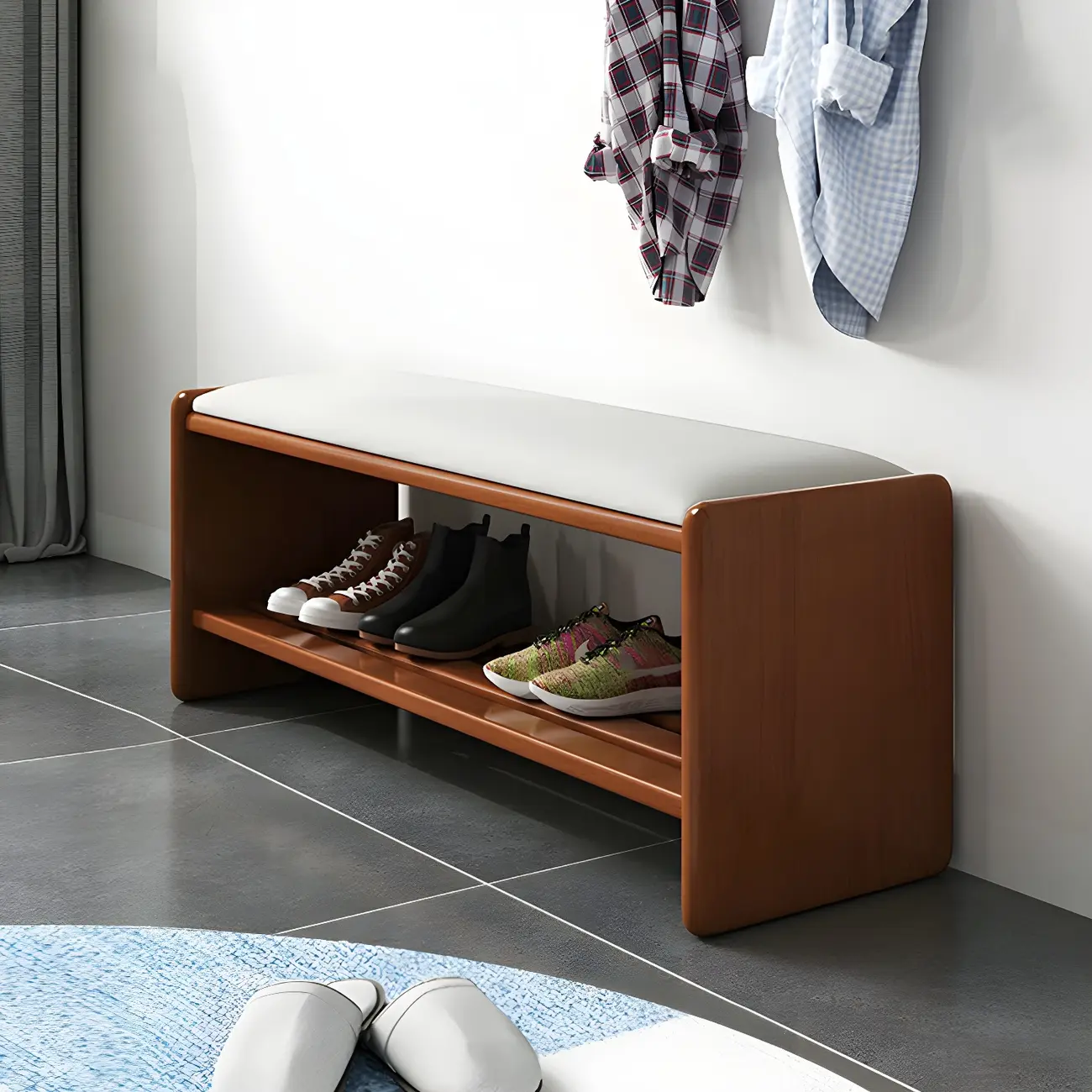 Entryway Natural Wood Shoe Storage Bench with Cushion