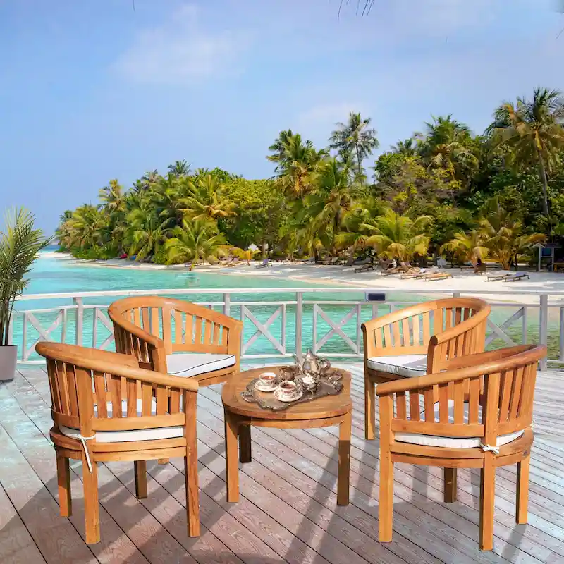 Chic Teak 5 Piece Teak Wood Peanut Patio Conversation Set, 4 Chairs w/ Cushions & Coffee Table