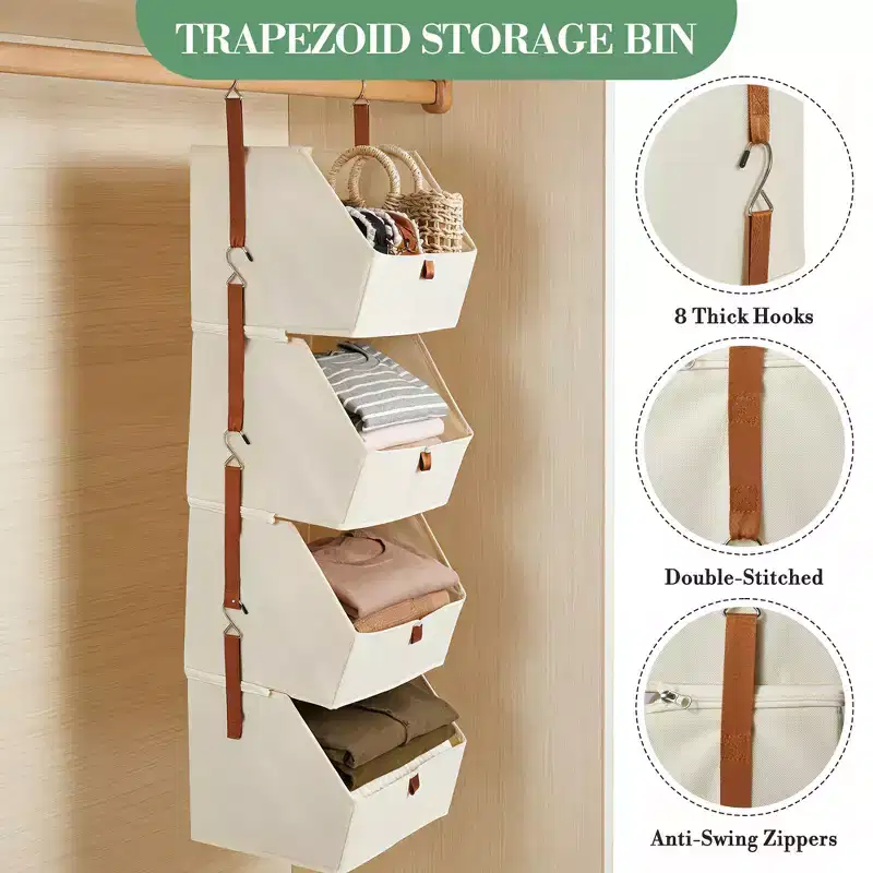 Non-Woven Hanging Closet Organizer 4 Tier 2 Pack with Collapsible Baskets Space-Saving Storage Shelves for Bedroom Dorm RV Beige Grey