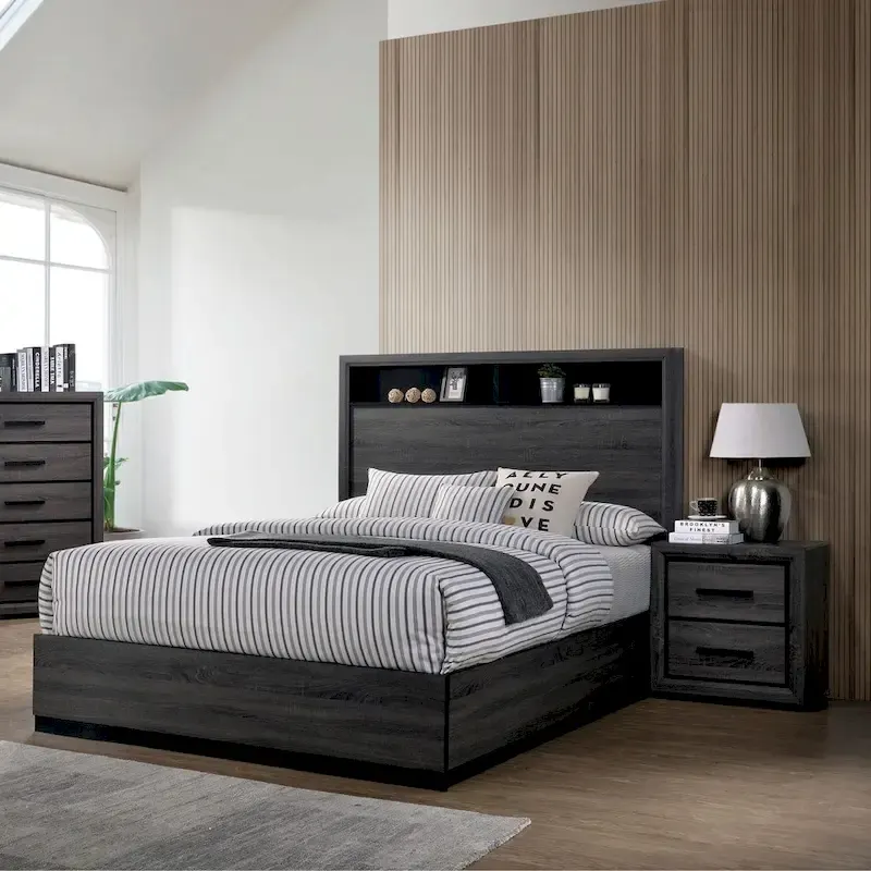 Rothwell Contemporary Grey Wood Wood 2-Piece Panel Bedroom Set with Shelves
