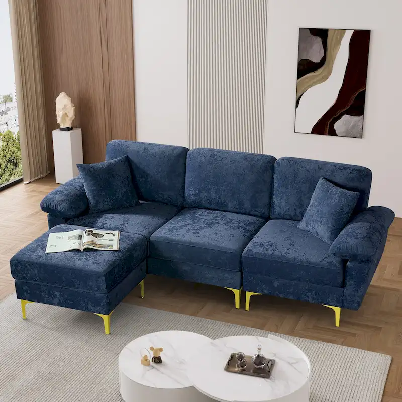 Upholstered Velvet Sectional Sofa with Pillows & Ottoman