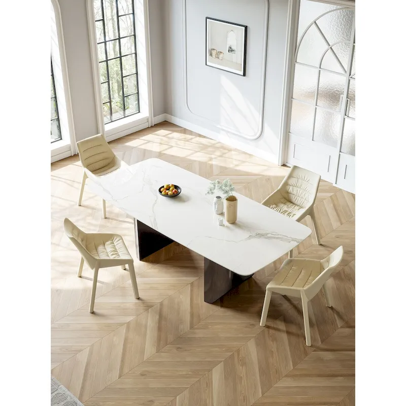 White Sintered Stone Rectangular Dining Table with Black Double Pedestal Base – 6-Person