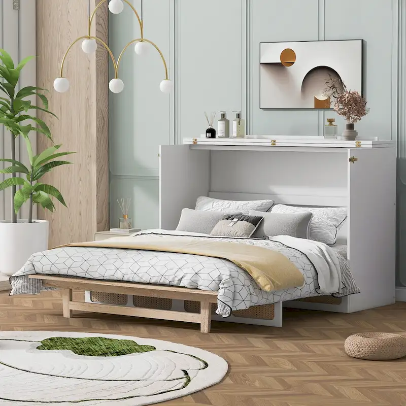 White/Espresso Rattan-Style Murphy Bed with Storage Drawers & USB Ports – Full/Queen, Sleeps 1–2