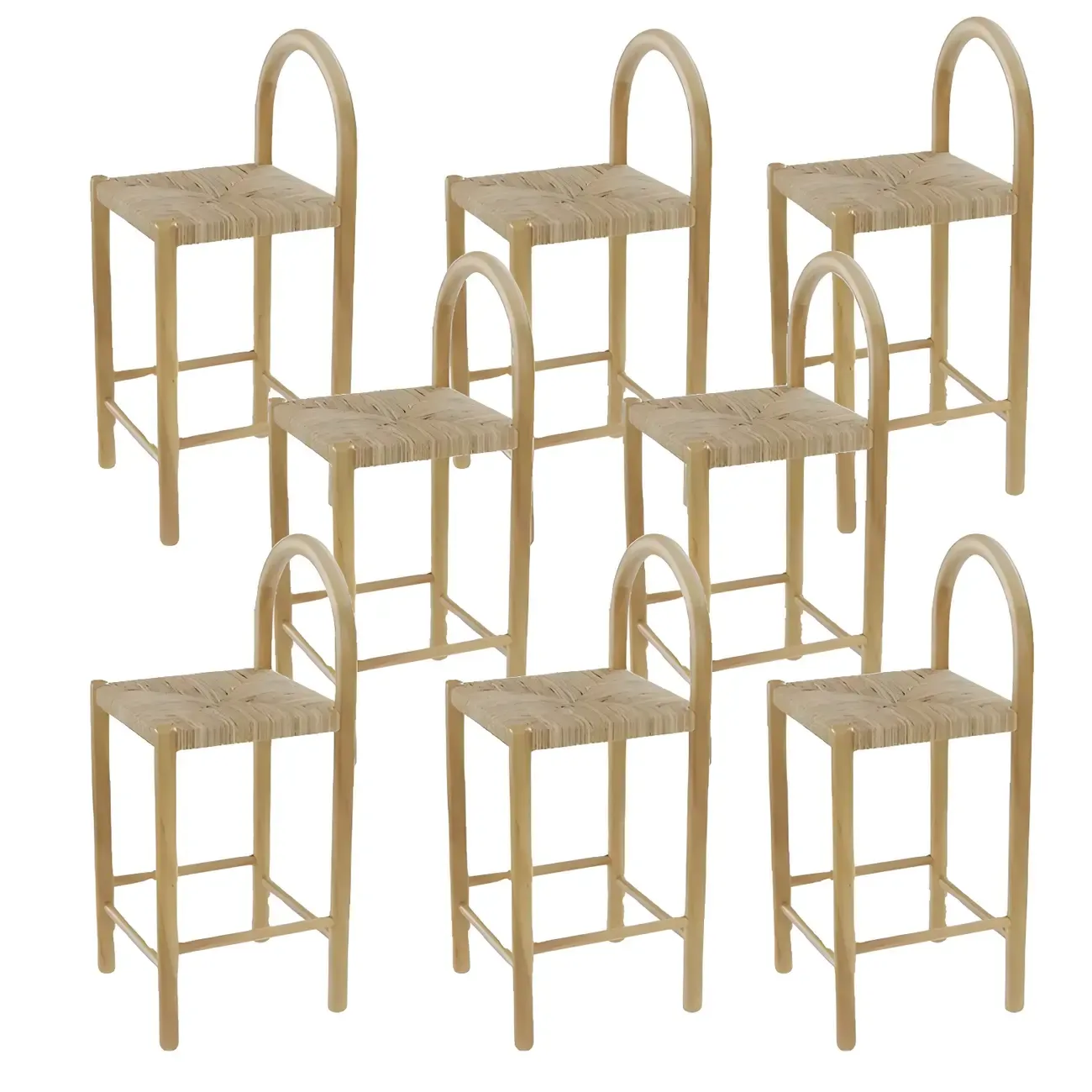 Rustic Wood Natural Rattan Bar Stool with Footrest