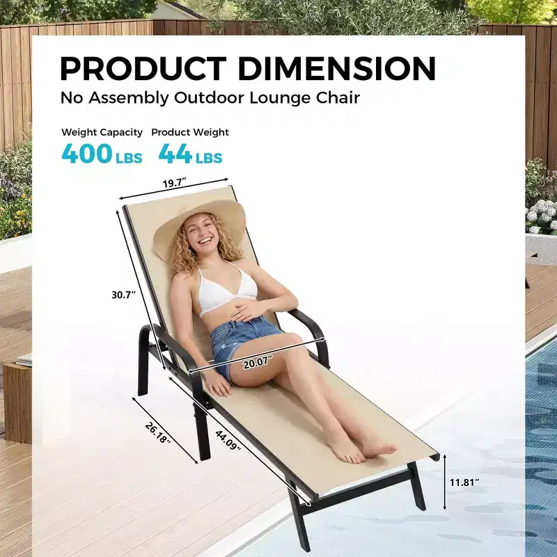 Set of 2 Outdoor Lounge Chairs, 5-Position Adjustable Patio Reclining Chaise with Textilene Fabric for Poolside, Garden, Deck & Balcony, All-Weather