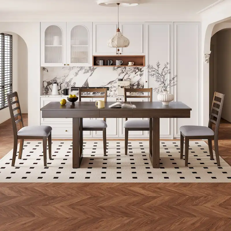 5 Piece Extendable Dining Table Set, Farmhouse Extendable Table with 18 Move Leaf