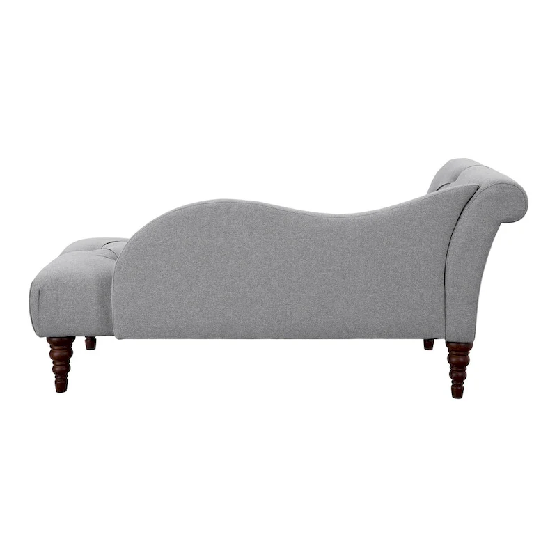 Selena 66 Inch Chaise Lounger, Tufted Gray Polyester, Brown Solid Wood