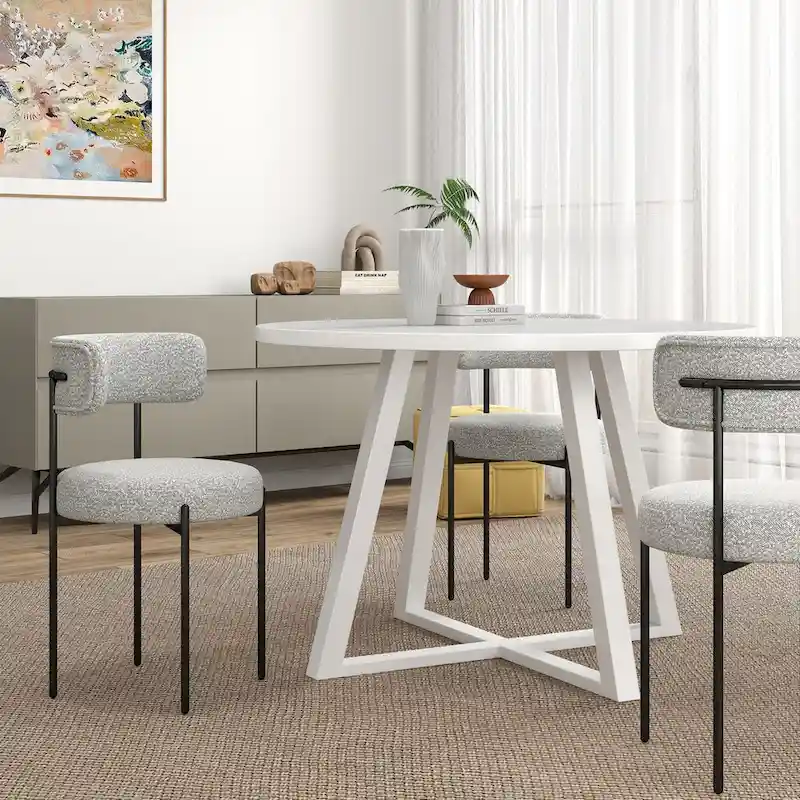 Roundhill Durban 5-Piece Round Dining Set, Trestle Dining Table with 4 Boucle Chairs