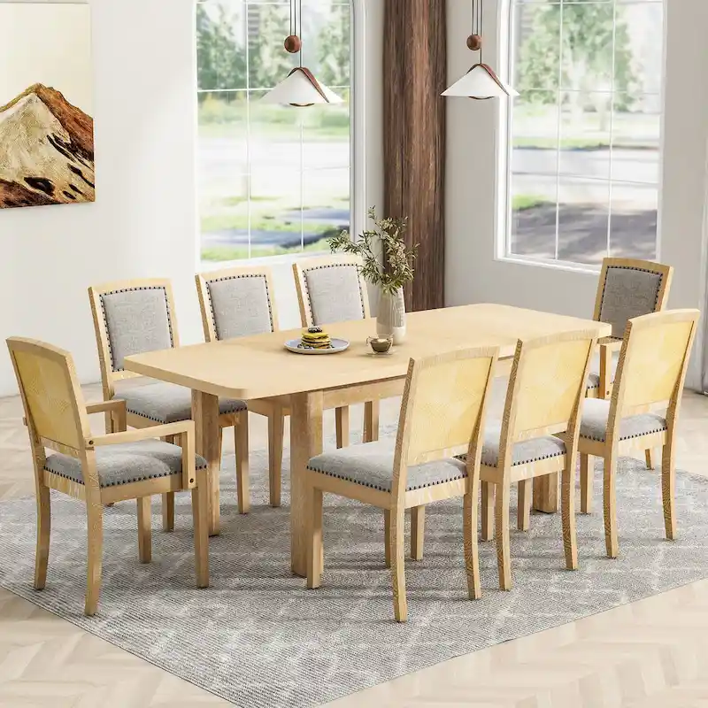 Rustic Extendable Dining Table Set with 24inch Removable Leaf, 6 Upholstered Armless Dining Chairs and 2 Padded Arm Chairs