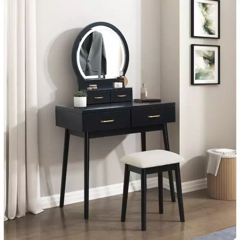 Okak Vanity Desk with Round Mirror and 4 Drawers, Makeup Vanity with Padding Stool, Dressing Table for Living Room, Bedroom