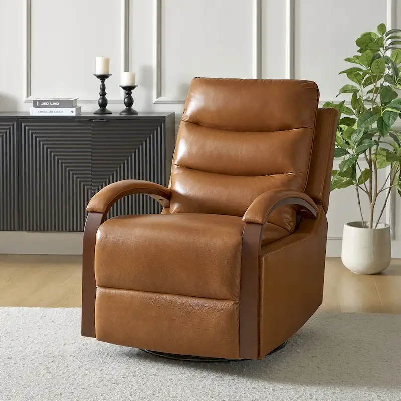 Leopold Modern Genuine Leather Swivel Rocking Manual Recliner Chair with Wooden Arm Accents by HULALA HOME