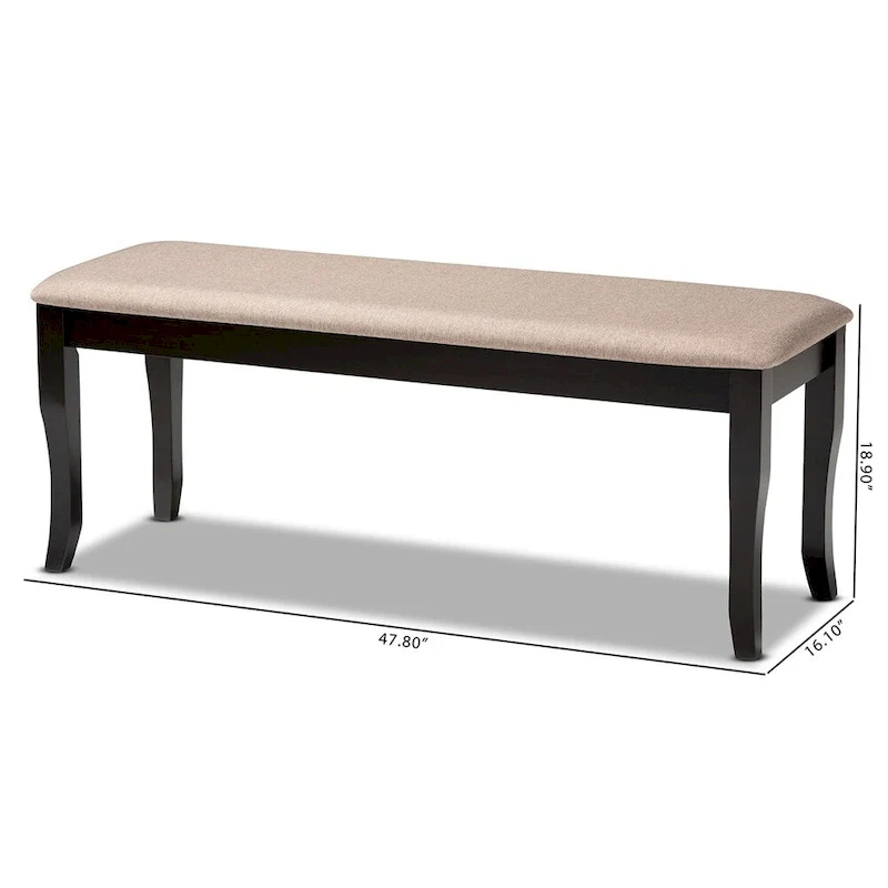 Modern Transitional Upholstered Dining Bench — Dark Brown Oak & Rubberwood, Cabriole Legs