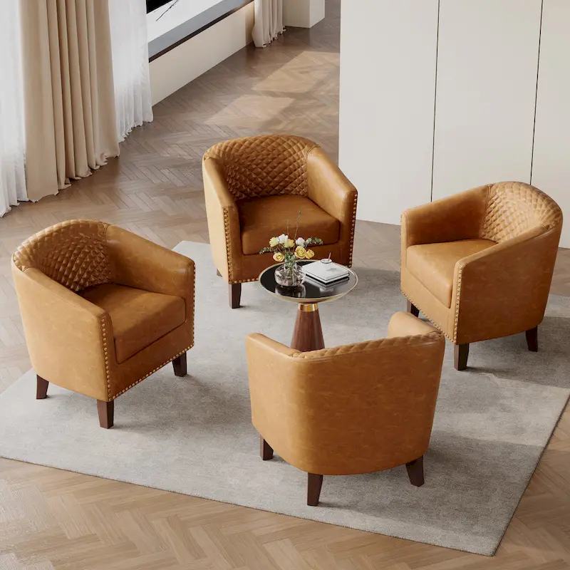 Axia 4 Set Modern Faux Leather Barrel Accent Chair with Wood Legs