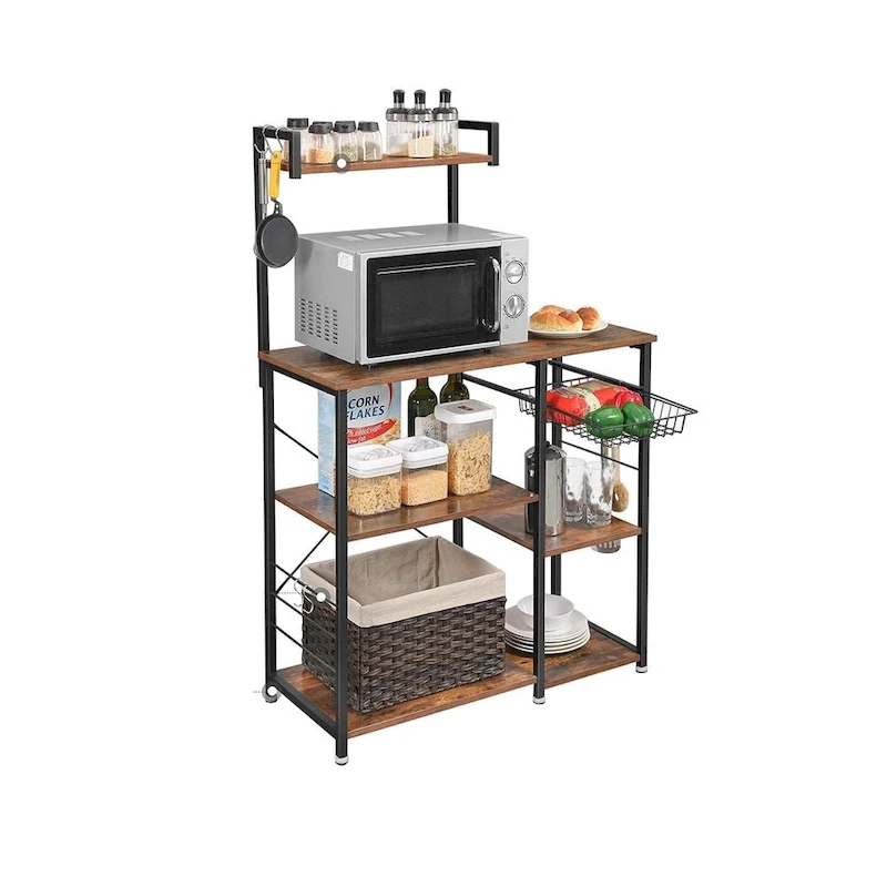 Kitchen Microwave Oven Stand Shelf with Wire Basket and 6 S-Hooks - 35.4 L x 15.7 W x 52 H