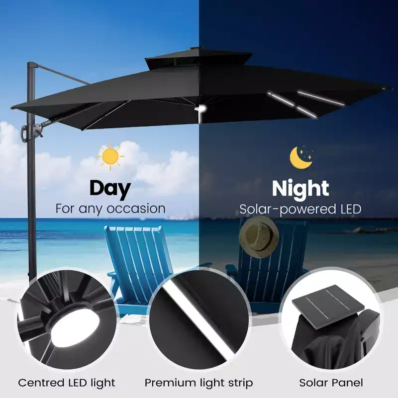 11FT Crestlive Products 2-Tier Top Outdoor Patio Cantilever Umbrella With Solar Light Strips Offset 360 Rotation Wheel Base 350lbs Max