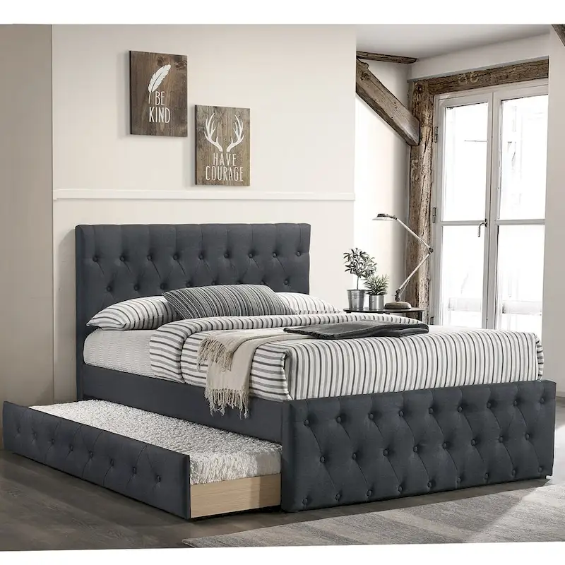 Linen Upholstered Twin Bed with Pull-Out Trundle | Charcoal / Light Grey / Light Brown