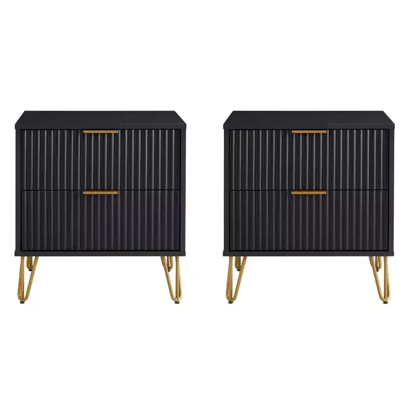 Manhattan Comfort Set of 2 Dumbo 2 Drawer Nightstands Black: Modern Bedside Storage, MDF Frame, Metal Glides