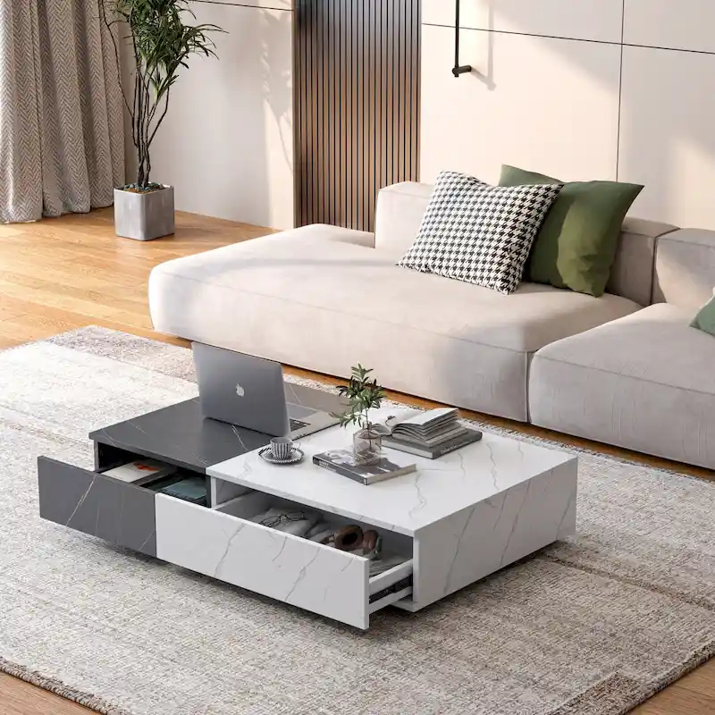 White & Black Marble Finish Coffee Table with 2 Storage Shelves