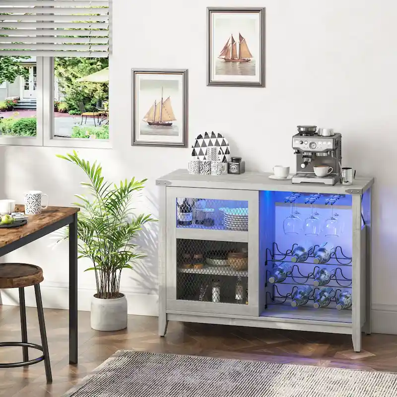 Wine Bar Cabinet with Storage Sliding Door & LED Lights - 42 inch
