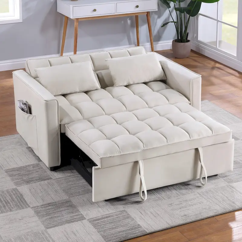Tufted Velvet Convertible Loveseat Sleeper – Beige / Blue / Grey, Pull-Out Bed, Seats 2