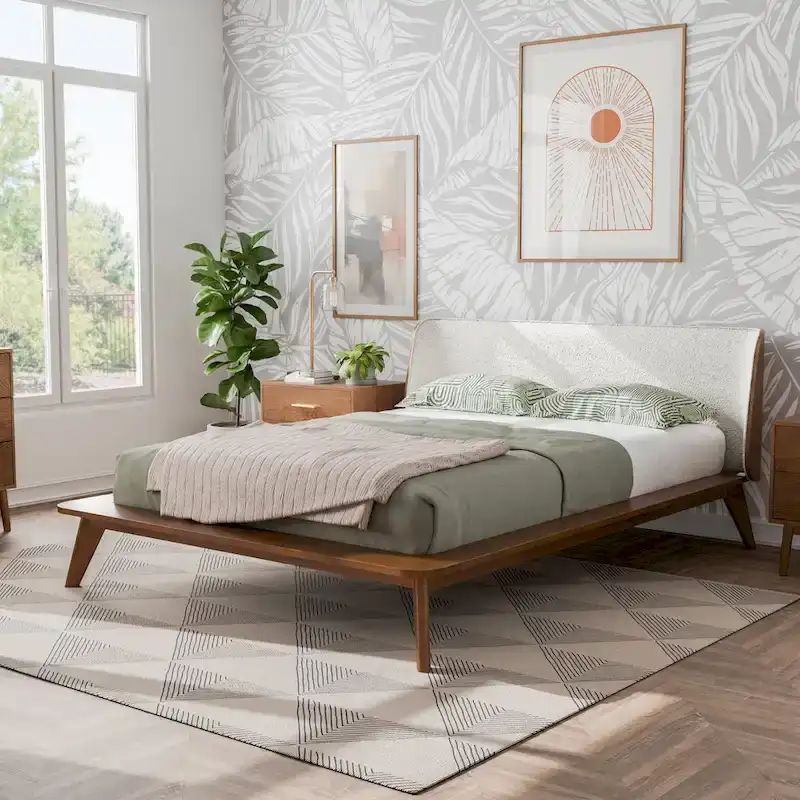 Beau Midcentury Boucle Wingback Low Profile Platform Bed