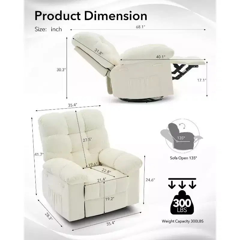 Oversized 360 Swivel Rocker Recliner Chair, Weight Capacity 300LBS Extra Wide Manual Recliners, Chenille Single Lazy Sofa Chair