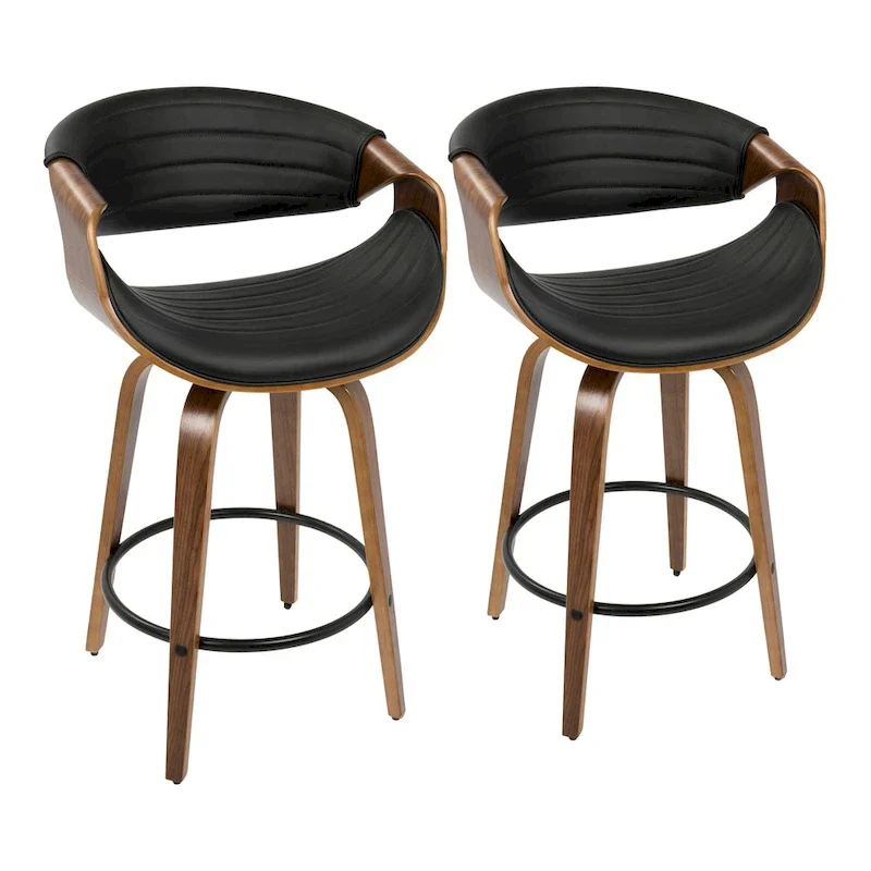 Faux Leather Counter Stool with Bent Wood Legs & Round Footrest (Set of 2)