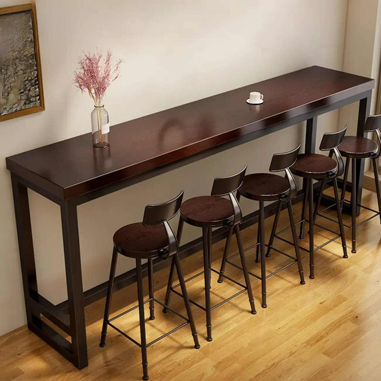 Simple Brown Black Wooden Trestle Bar Tables