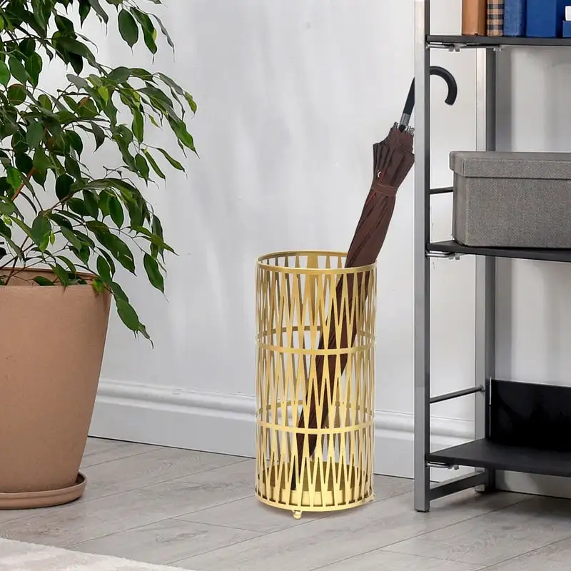 ADECO Stand Gold / Black Round RackMetal Umbrella Cane Walk Stick Drip Tray - 9. 2 x9. 2 x19