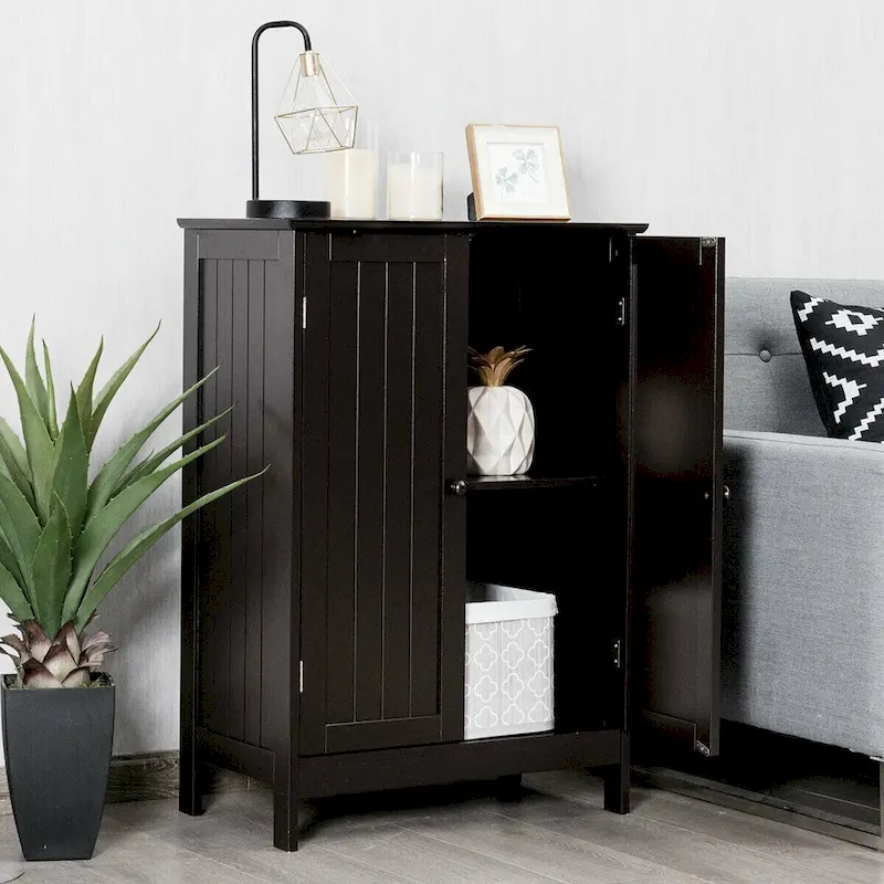 Gymax Bathroom Floor Storage Cabinet Double Door Kitchen Cupboard Shoe