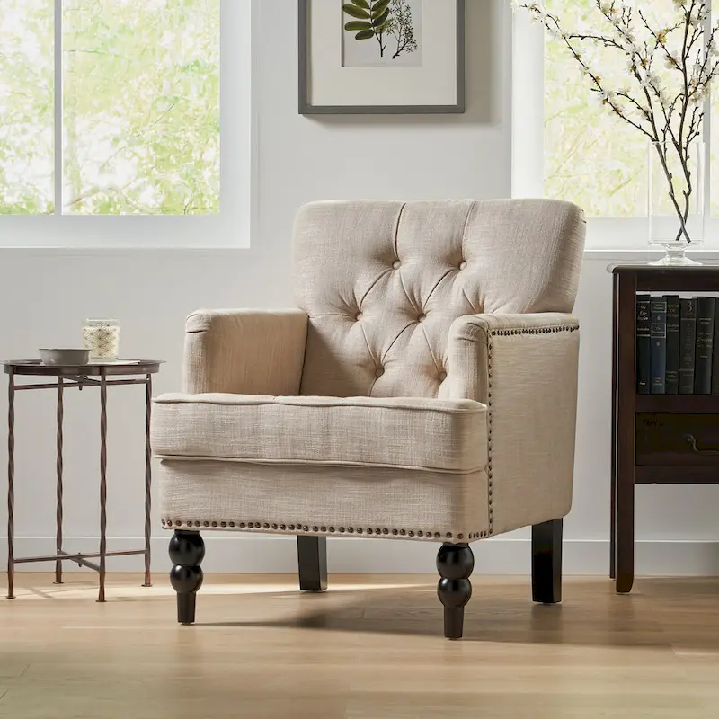 Beige / Light Blue / Dark Teal Tufted Club Chair, Single Seat
