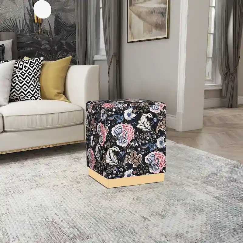 Adeco Square Velvet Ottoman Upholstered Stool Vanity Gold Plating Base