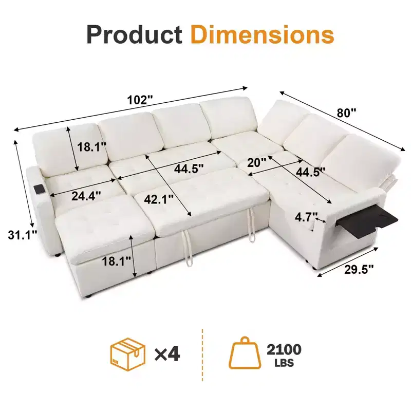 Dyonery 7 Seat L Shaped Sleeper Sofa Bed with Pull Out Bed, USB Ports, LED Light, Reclining Backrest, Side Table & Ottoman, Chenille Couch