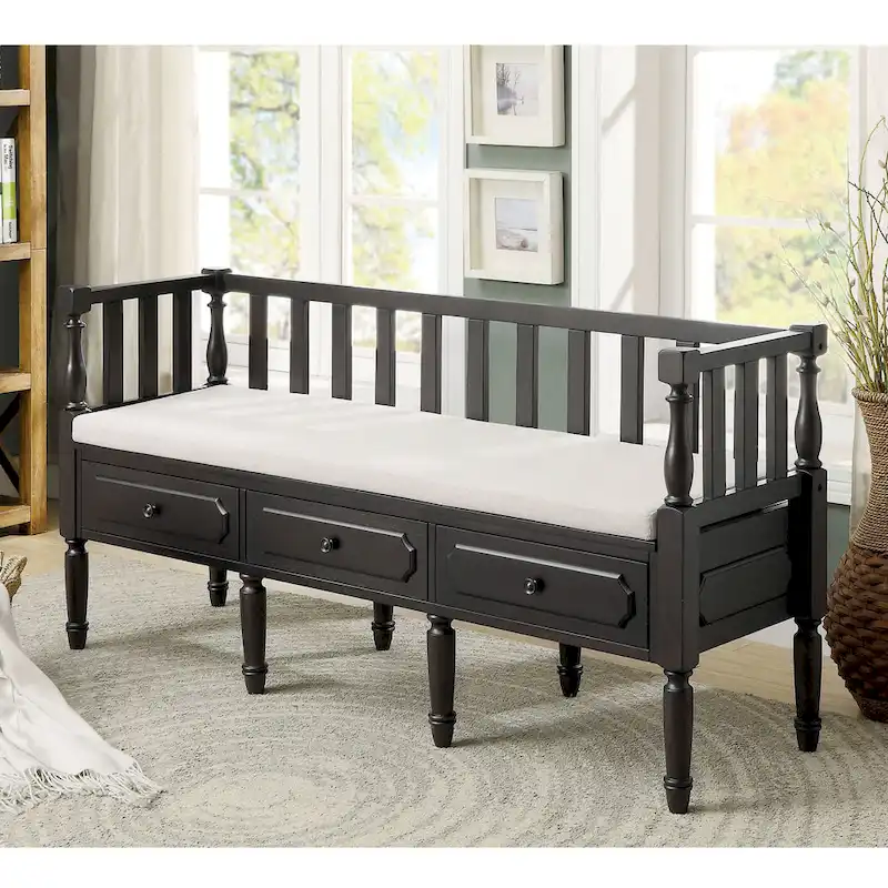 Walnut / Natural / White Farmhouse Fabric Padded 3-Drawer Storage Bench — Seats 1