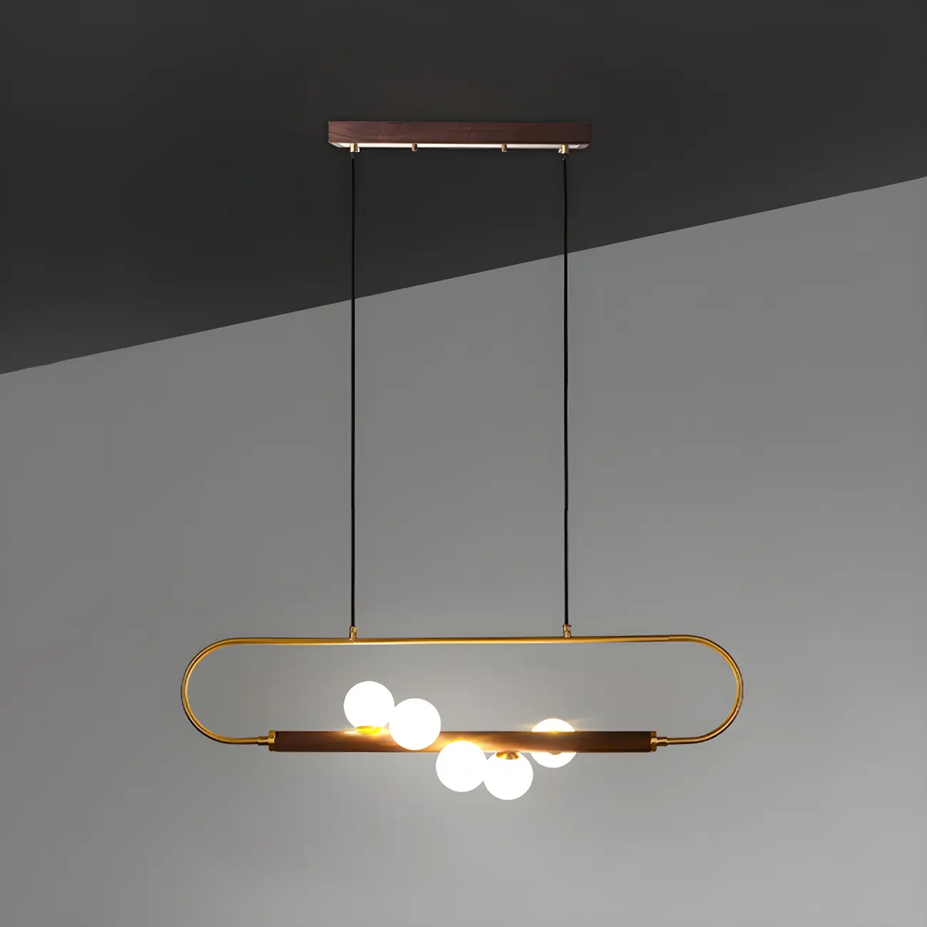 Modern Brass Wood Linear Island Pendant Light
