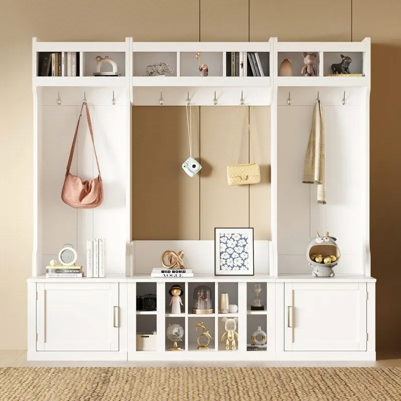 4-IN-1 Multi-functional Hall Tree Entryway Bench with Coat Rack and Shoe Cubbies