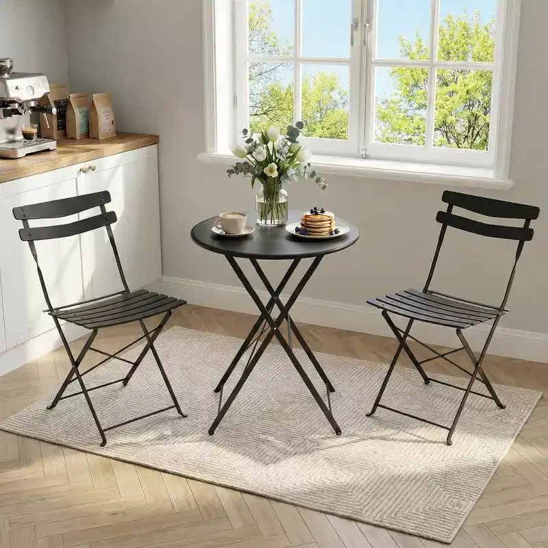 3 Piece Foldable Patio Bistro Set, Outdoor/Indoor Metal Table and Chairs Furniture, Compact Round Table with 2 Folding Chairs