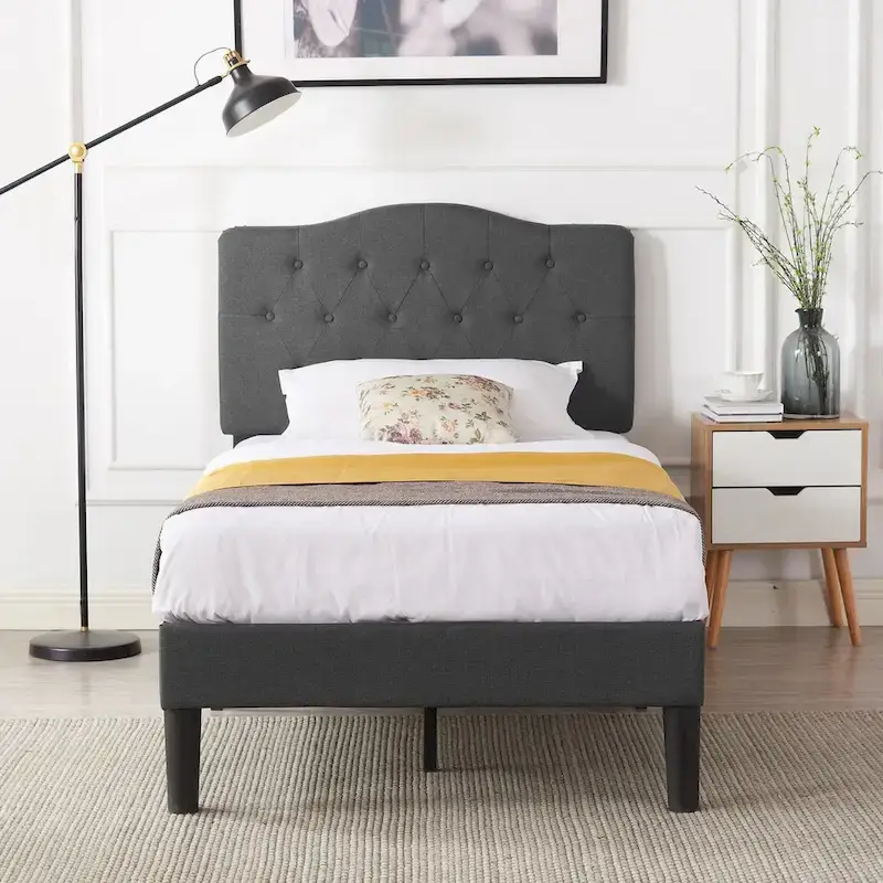 VECELO Modern Upholstered Bed with Height Adjustable Tufted Headboard ,Dark Grey
